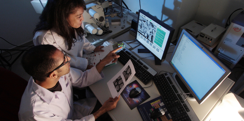 Una investigadora y un investigador mirando un artículo en el ordenador